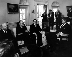 President Kennedy meets with Soviet Ambassador Andrei Gromyko in the Oval Office. The President does not reveal that he is now aware of the missile build-up.